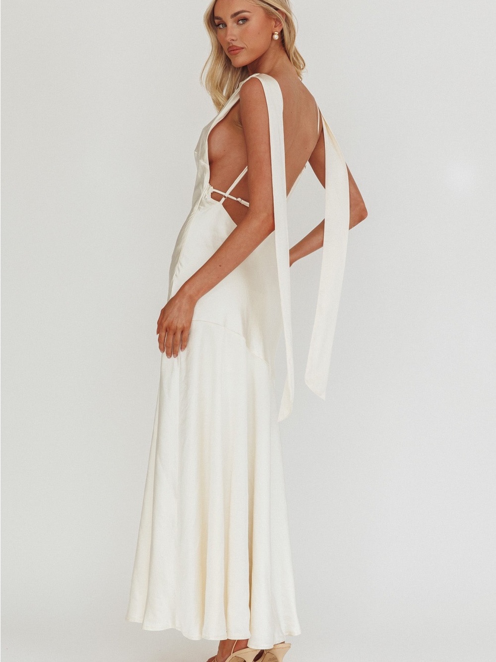 Saints & Secrets Second Glances Cowl Neck Backless Maxi Dress Cream Size M NWT